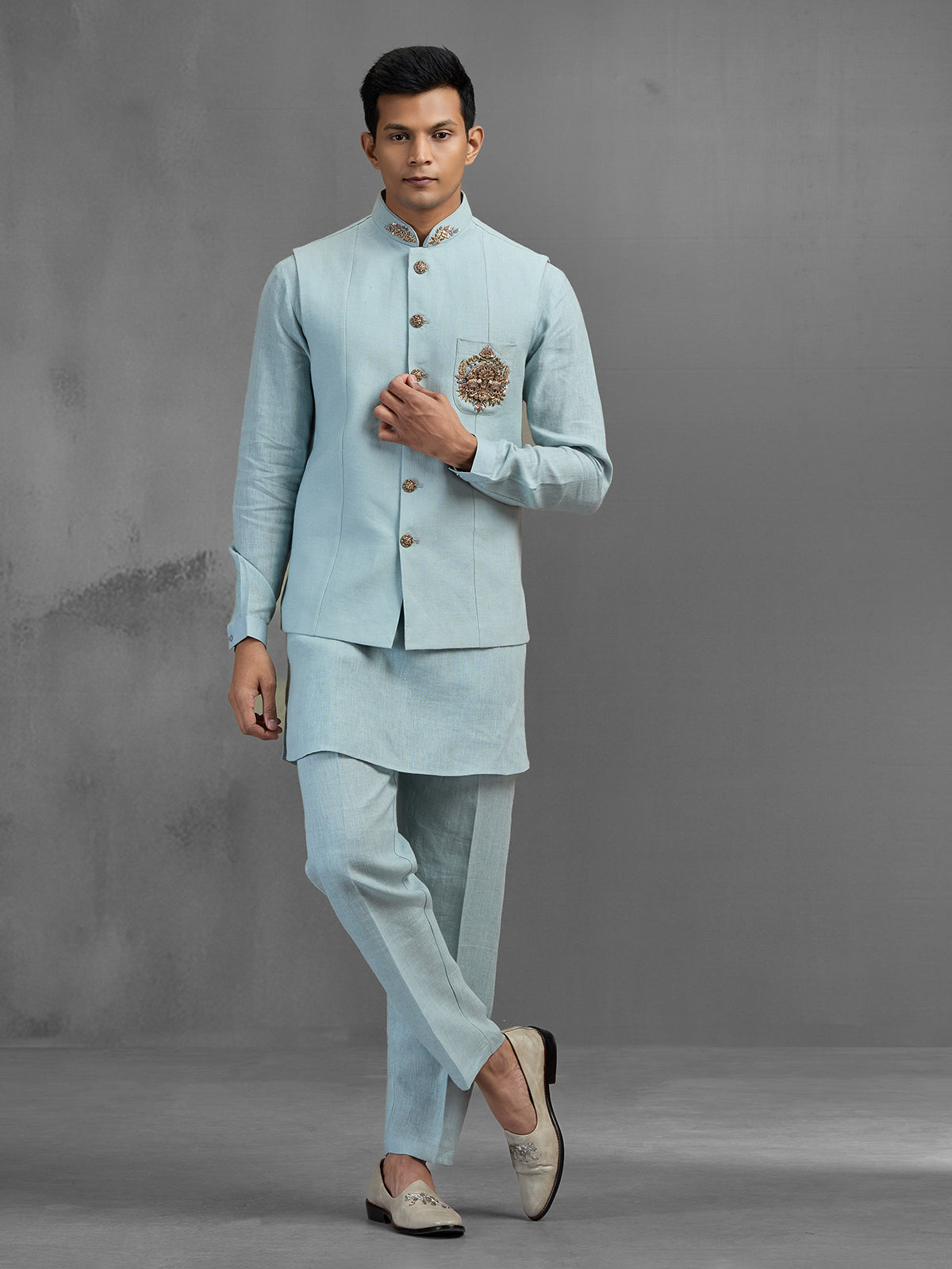 Sky blue linen dainty brooch embroidered waistcoat set