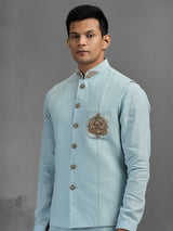 Sky blue linen dainty brooch embroidered waistcoat set