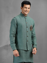 Green linen ornate brooch embroidered festive waistcoat set