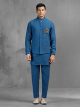 Blue linen ornate embroidered festive waistcoat kurta pant set