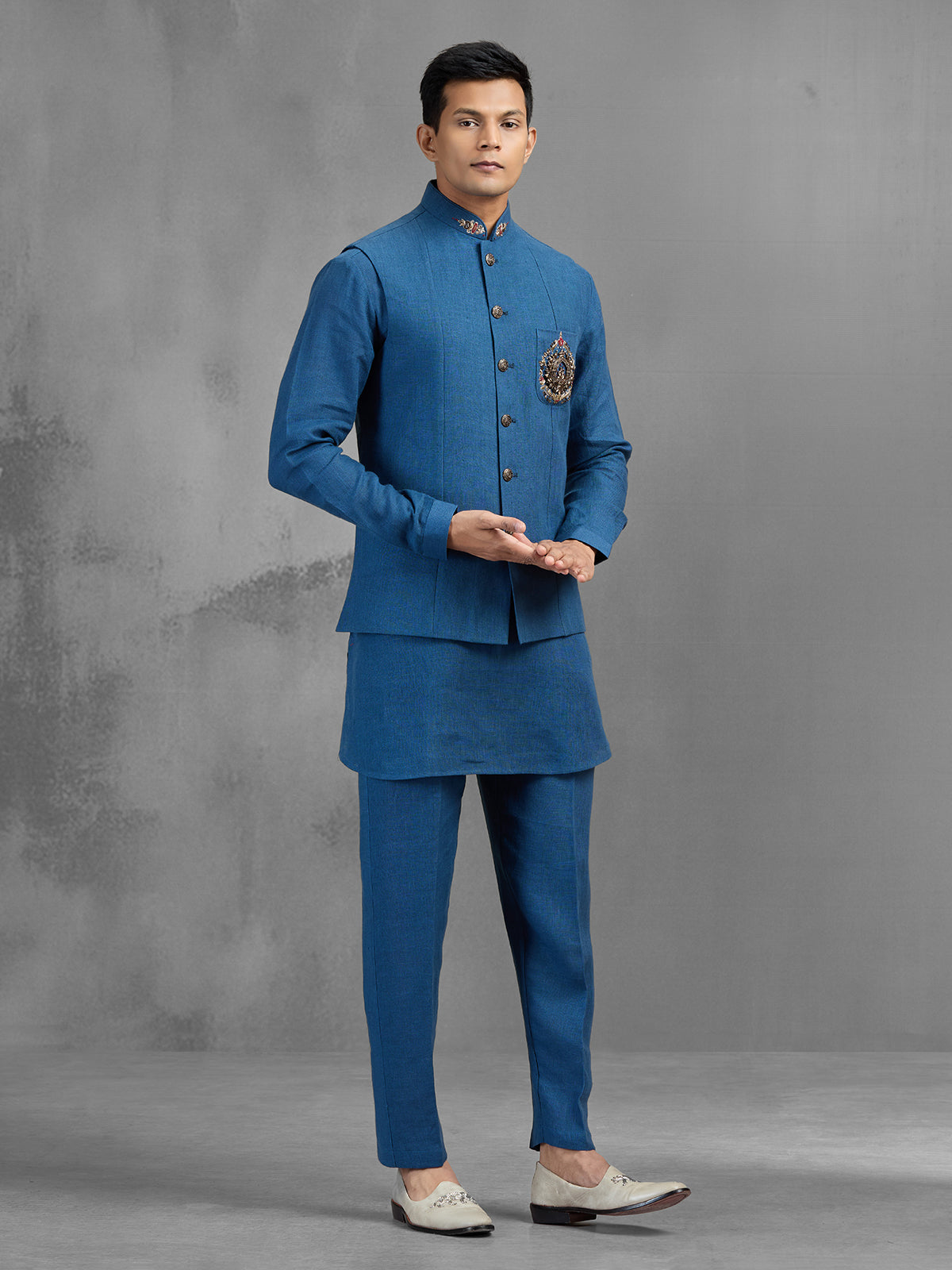 Blue linen ornate embroidered festive waistcoat kurta pant set