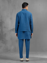 Blue linen ornate embroidered festive waistcoat kurta pant set