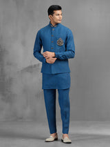 Blue linen ornate embroidered festive waistcoat kurta pant set