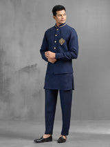 Navy blue linen crest motif embroidered waistcoat set