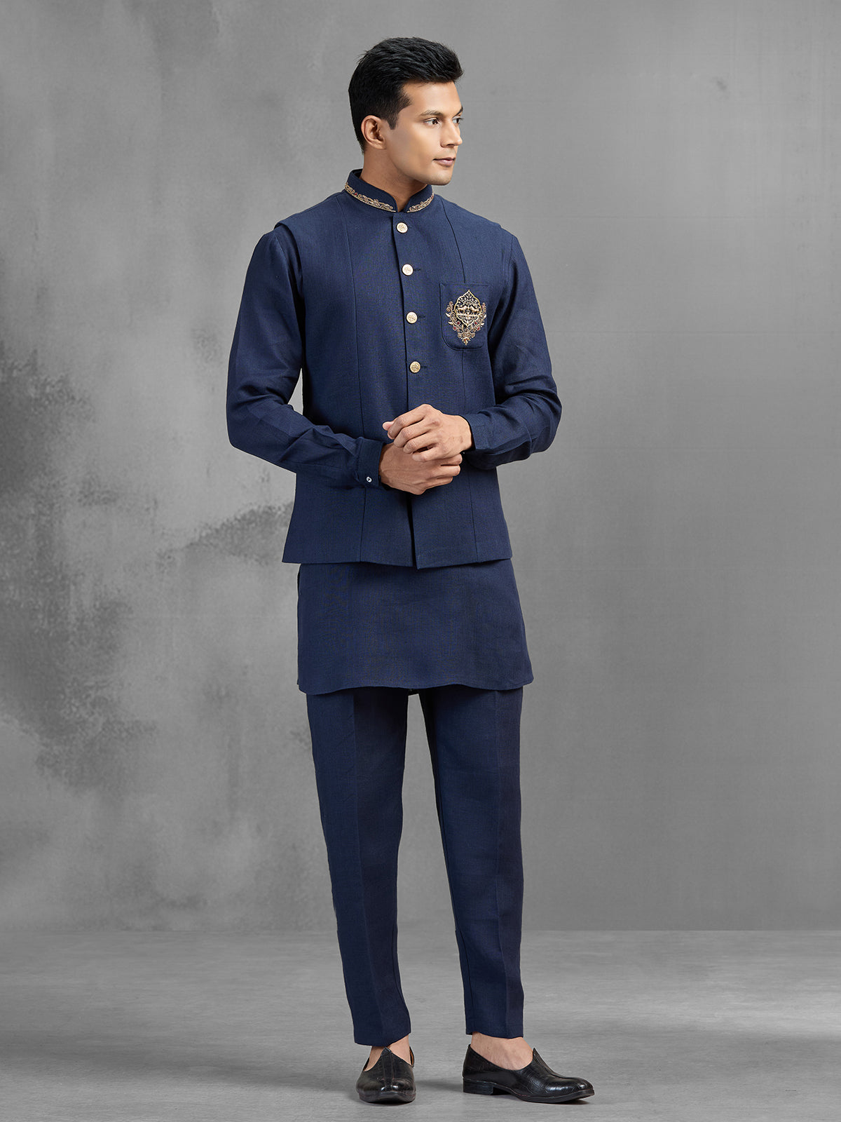 Navy blue linen crest motif embroidered waistcoat set