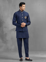 Navy blue linen crest motif embroidered waistcoat set