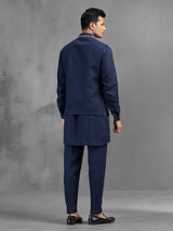 Navy blue linen crest motif embroidered waistcoat set