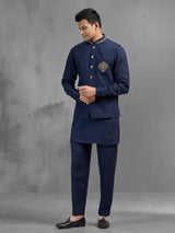 Navy blue linen crest motif embroidered waistcoat set