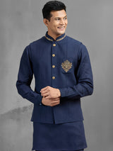 Navy blue linen crest motif embroidered waistcoat set