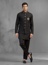 Black linen crest brooch embroidered festive waistcoat set