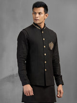 Black linen crest brooch embroidered festive waistcoat set