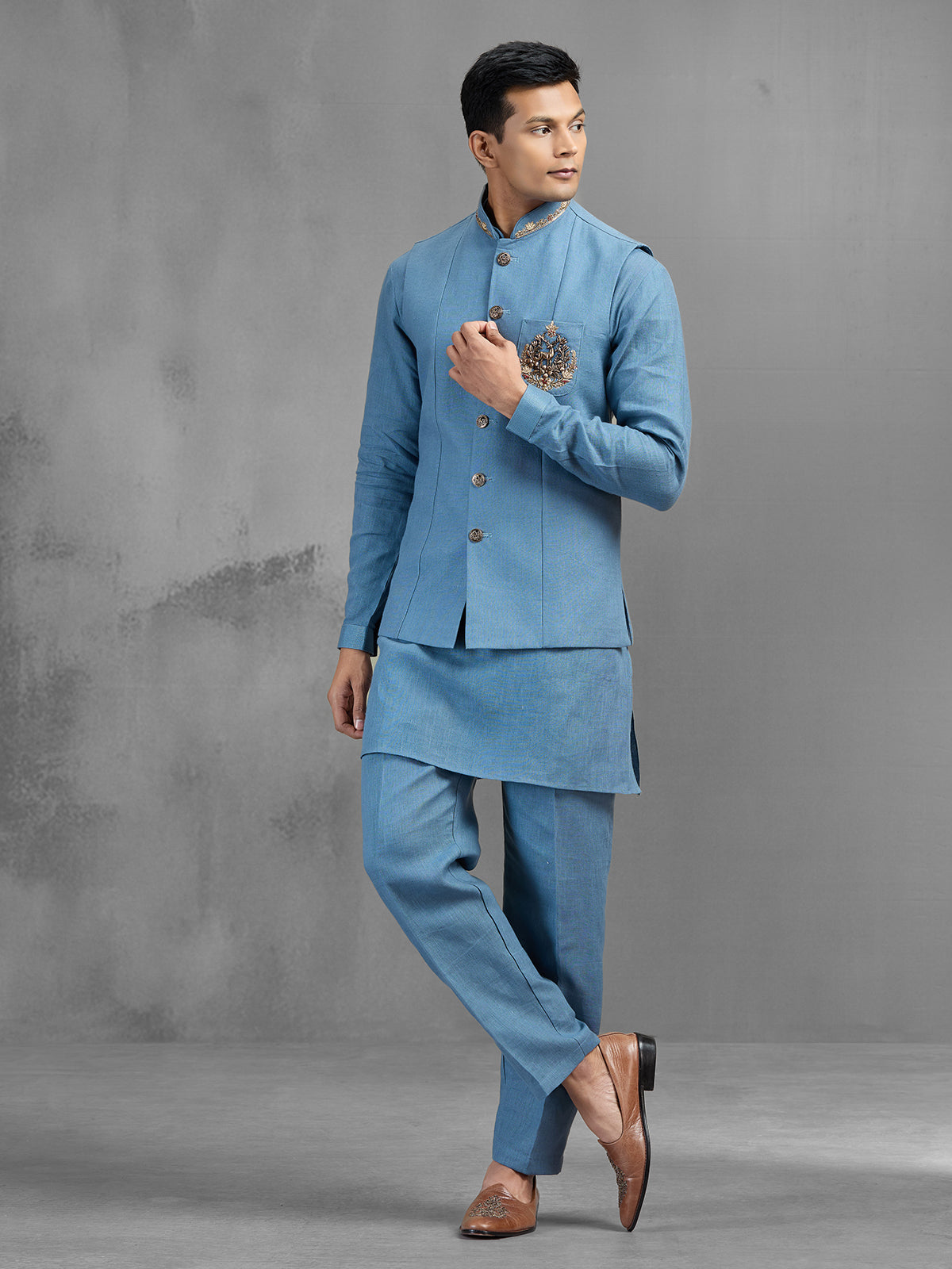 Stone blue linen regal motif embroidered waistcoat set