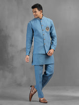 Stone blue linen regal motif embroidered waistcoat set