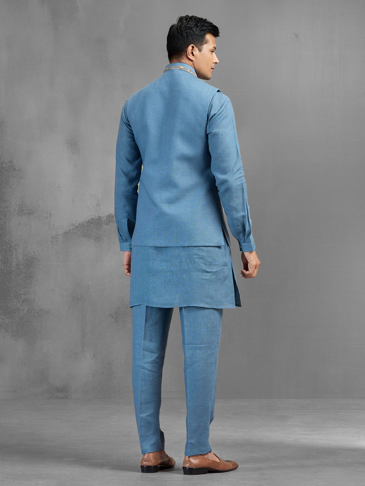 Stone blue linen regal motif embroidered waistcoat set
