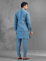 Stone blue linen regal motif embroidered waistcoat set