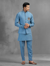 Stone blue linen regal motif embroidered waistcoat set