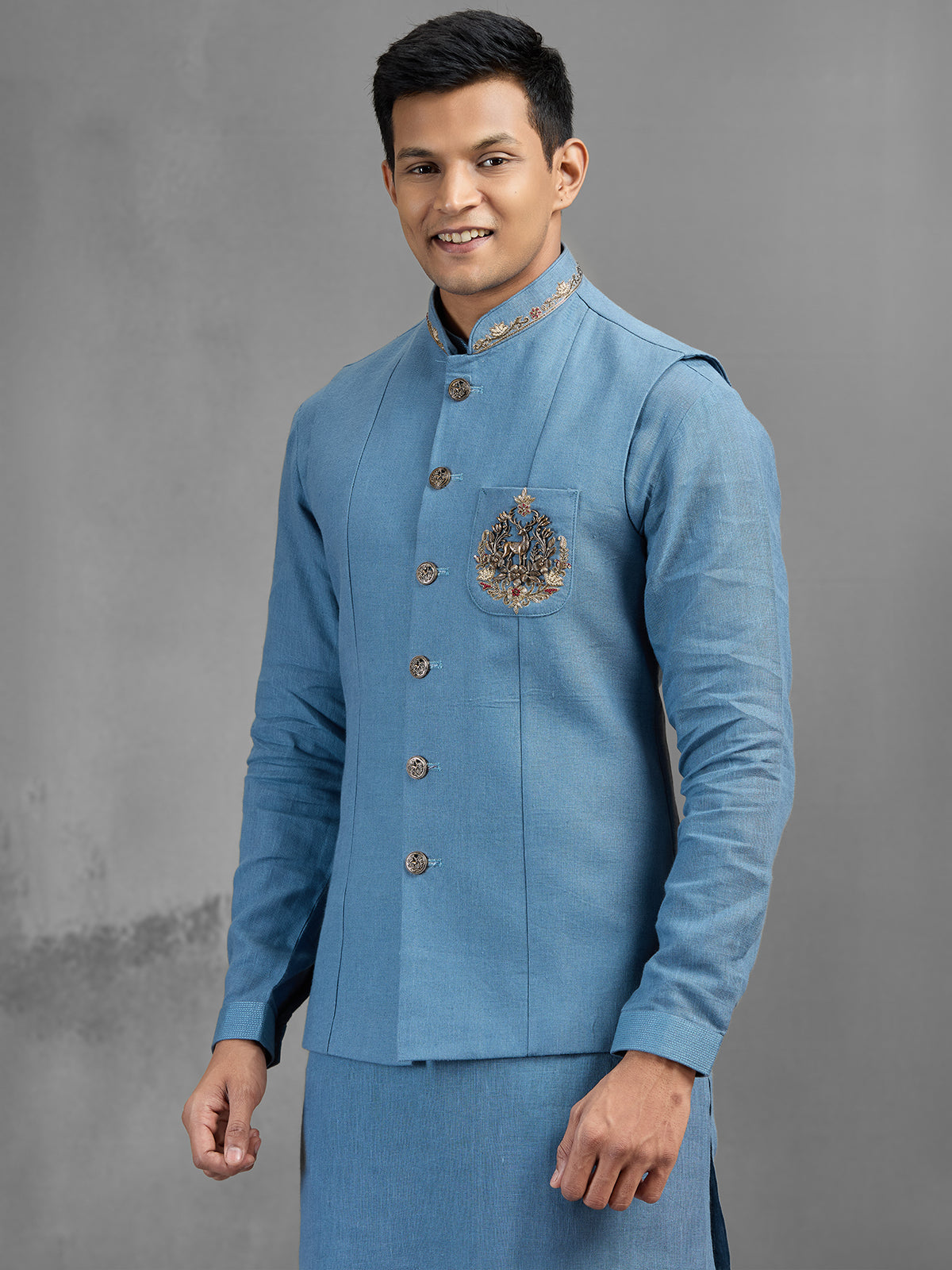 Stone blue linen regal motif embroidered waistcoat set