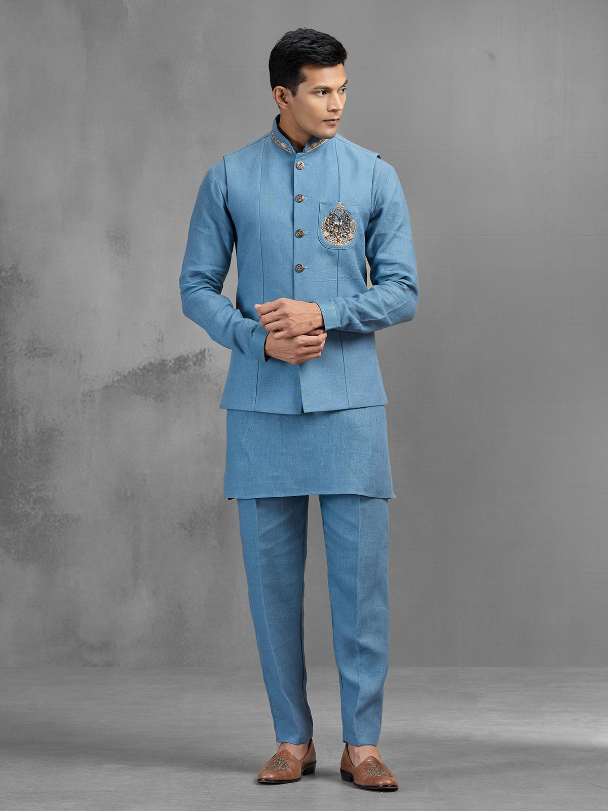 Stone blue linen regal motif embroidered waistcoat set