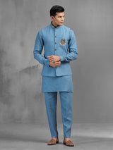 Stone blue linen regal motif embroidered waistcoat set
