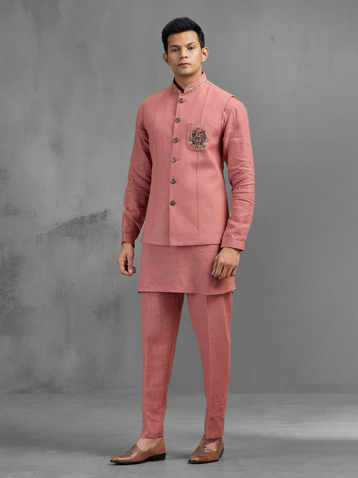 Dusky pink linen crest embroidered festive waistcoat set