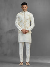 Cream linen aabla embroidered festive waistcoat set for men
