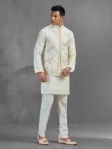 Cream linen aabla embroidered festive waistcoat set for men