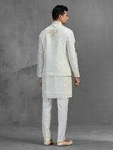 Cream linen aabla embroidered festive waistcoat set for men