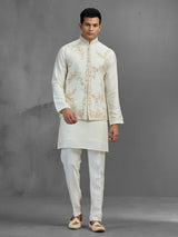 Cream linen aabla embroidered festive waistcoat set for men