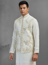 Cream linen aabla embroidered festive waistcoat set for men