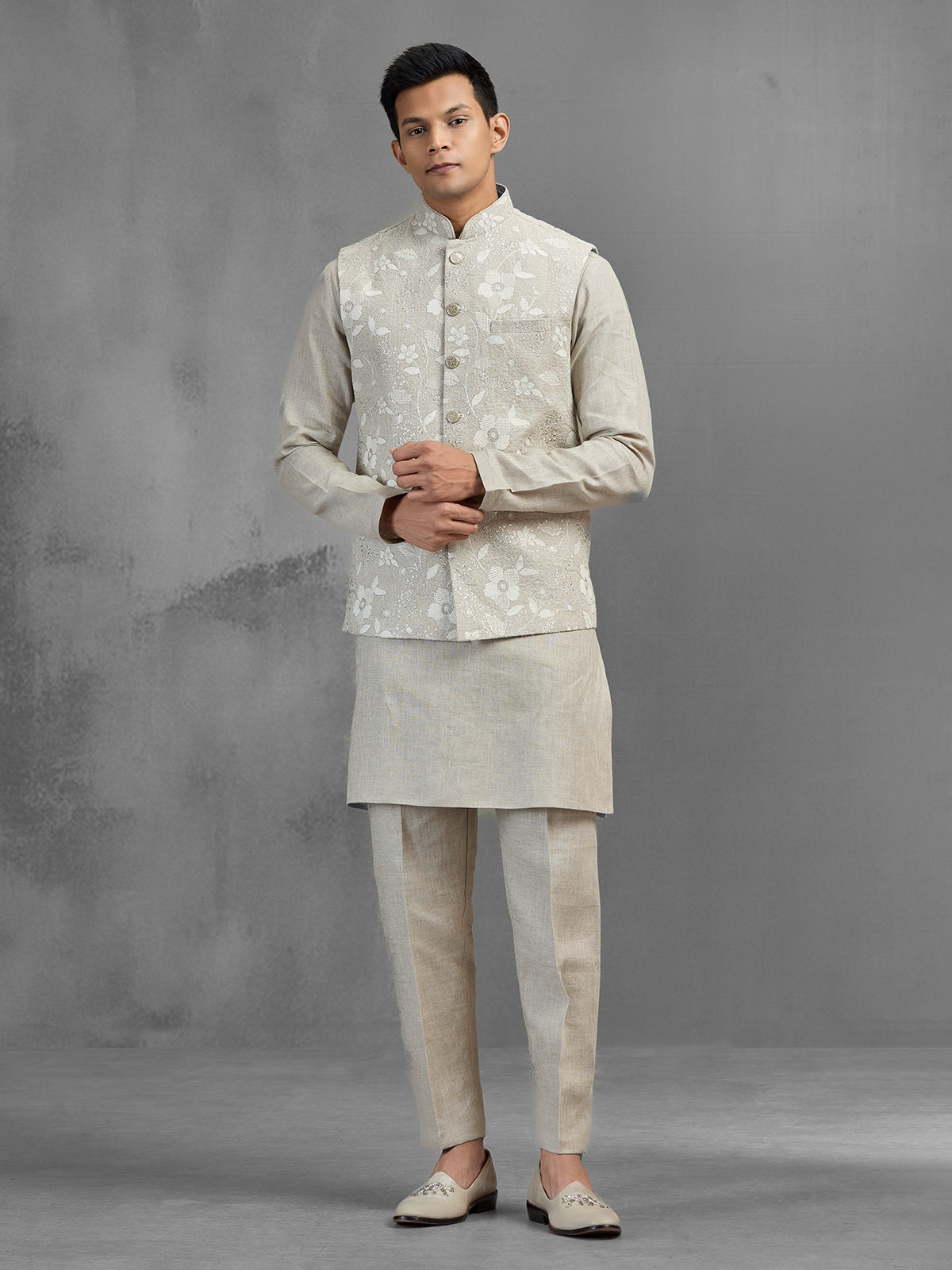 Light grey linen botanical embroidered festive waistcoat set