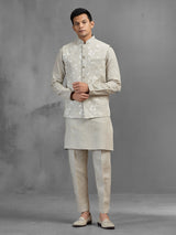 Light grey linen botanical embroidered festive waistcoat set