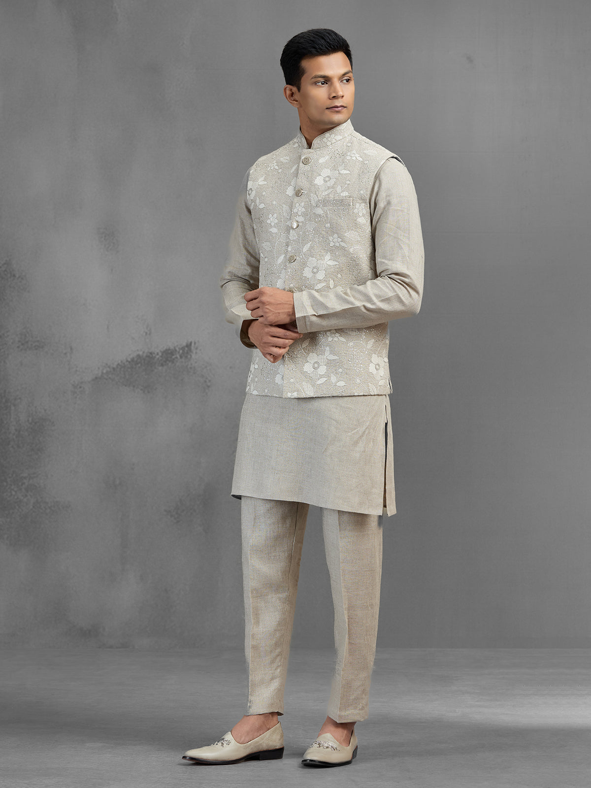 Light grey linen botanical embroidered festive waistcoat set