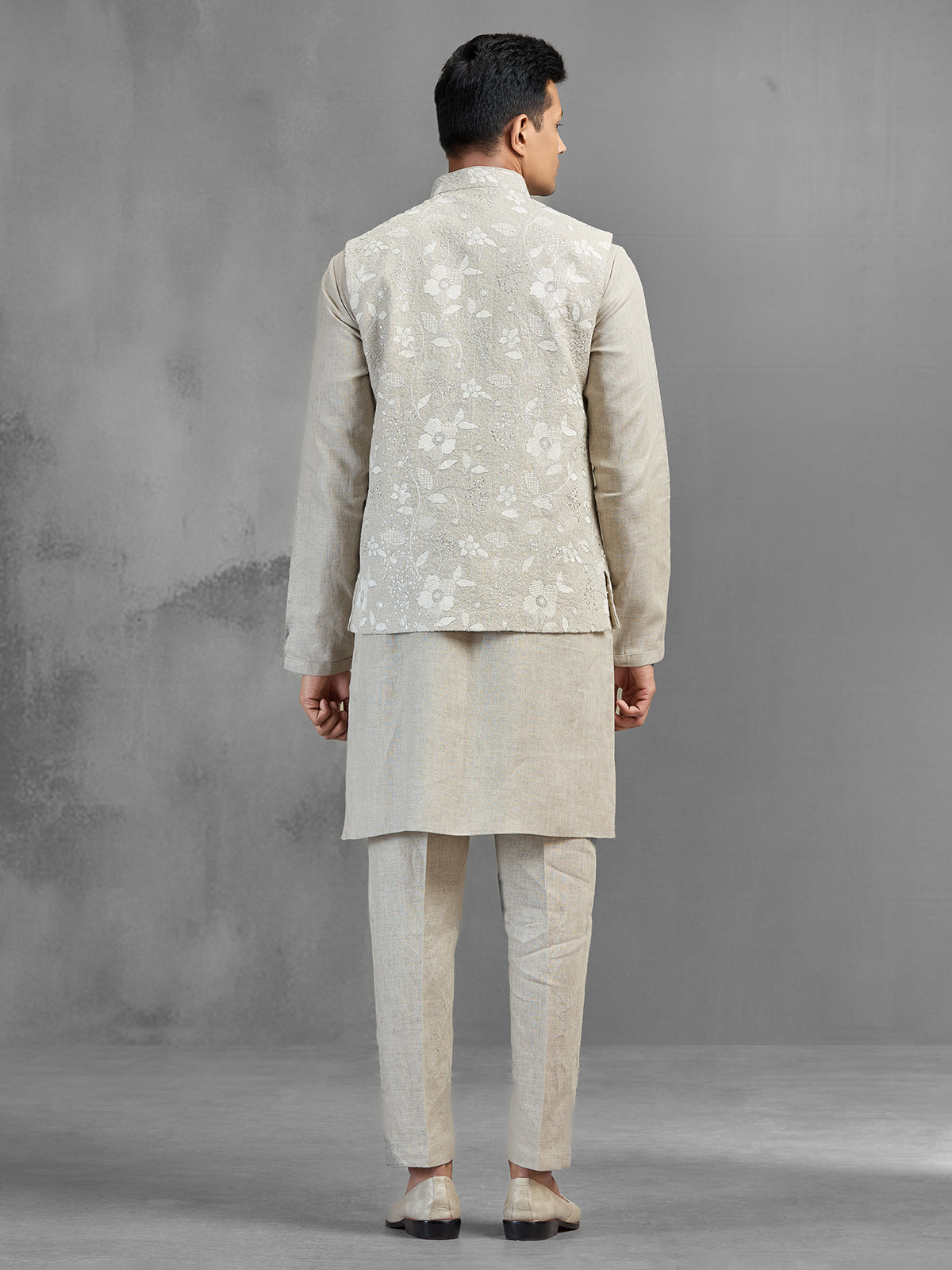 Light grey linen botanical embroidered festive waistcoat set