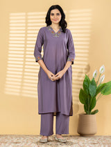 Purple silk straight cut kurti set casual elegance