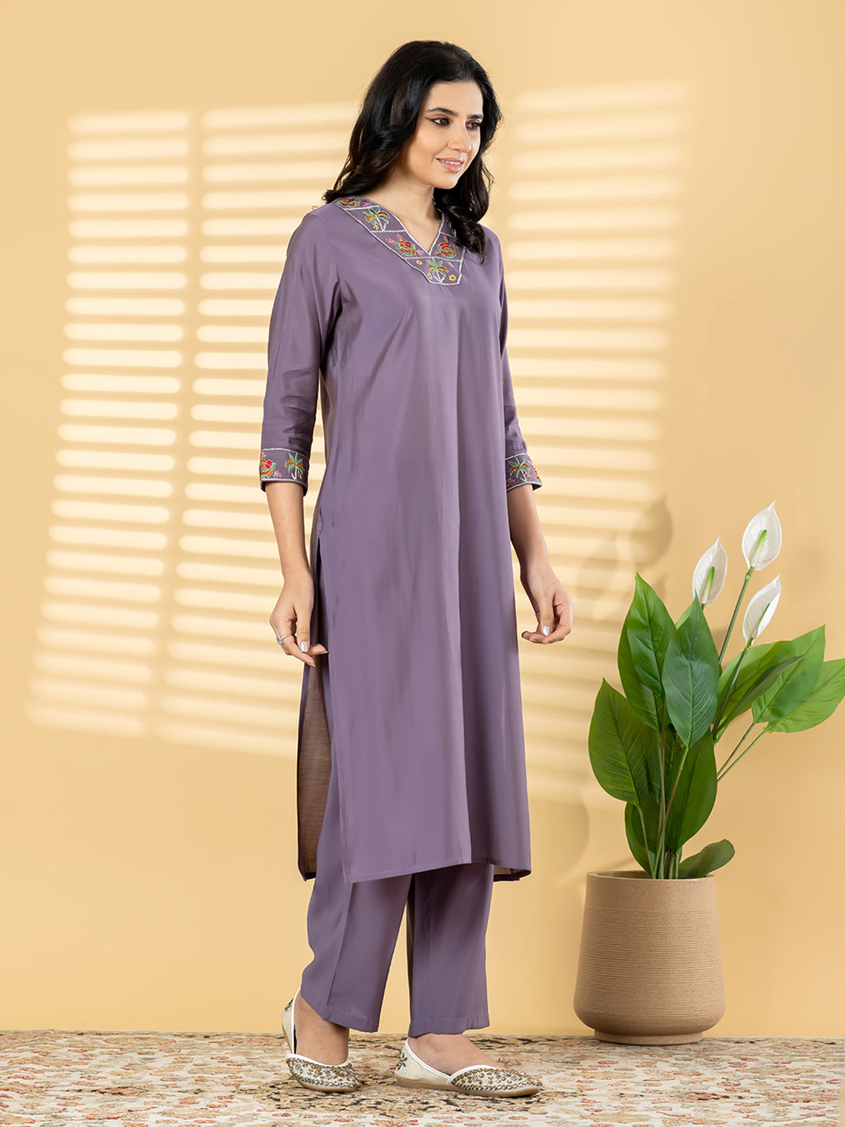 Purple silk straight cut kurti set casual elegance