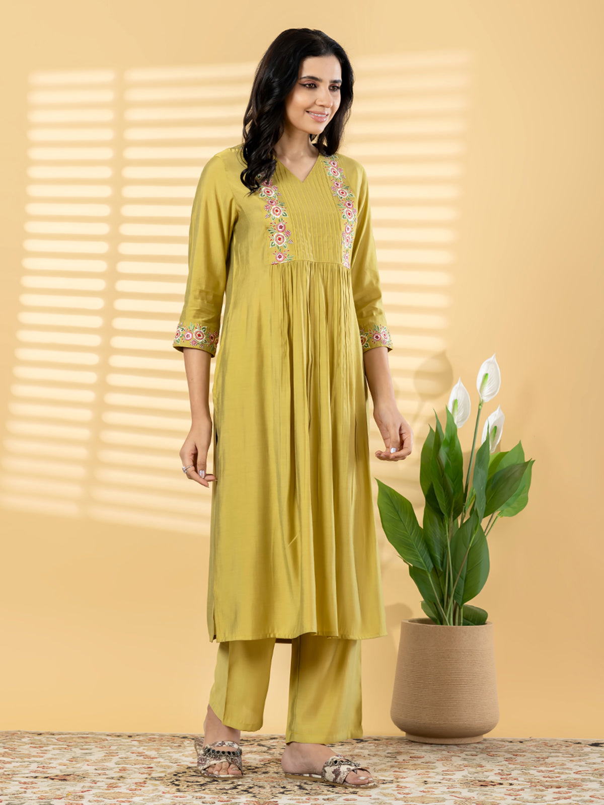 Khaki silk yoke style kurti set minimal elegance