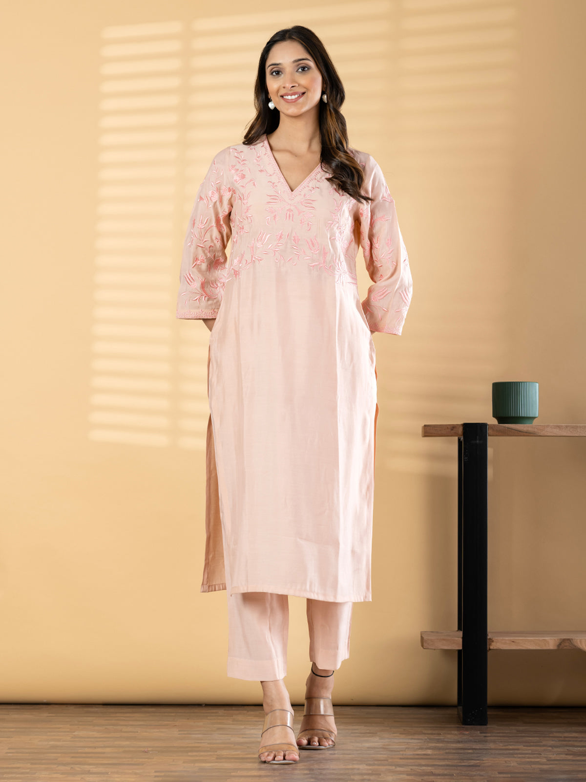 Peach cotton silk straight cut kurti set soft charm