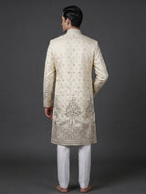 Beige silk embroidered work festive mandarin collar kurta suit