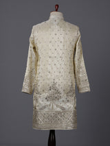 Beige silk embroidered work festive mandarin collar kurta suit