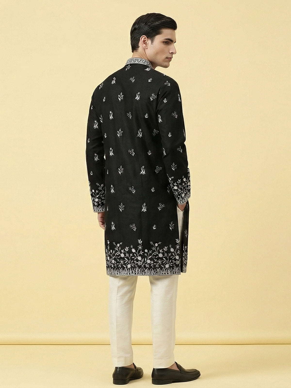 Black silk embroidered work festive mandarin collar kurta suit
