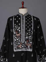 Black silk embroidered work festive mandarin collar kurta suit