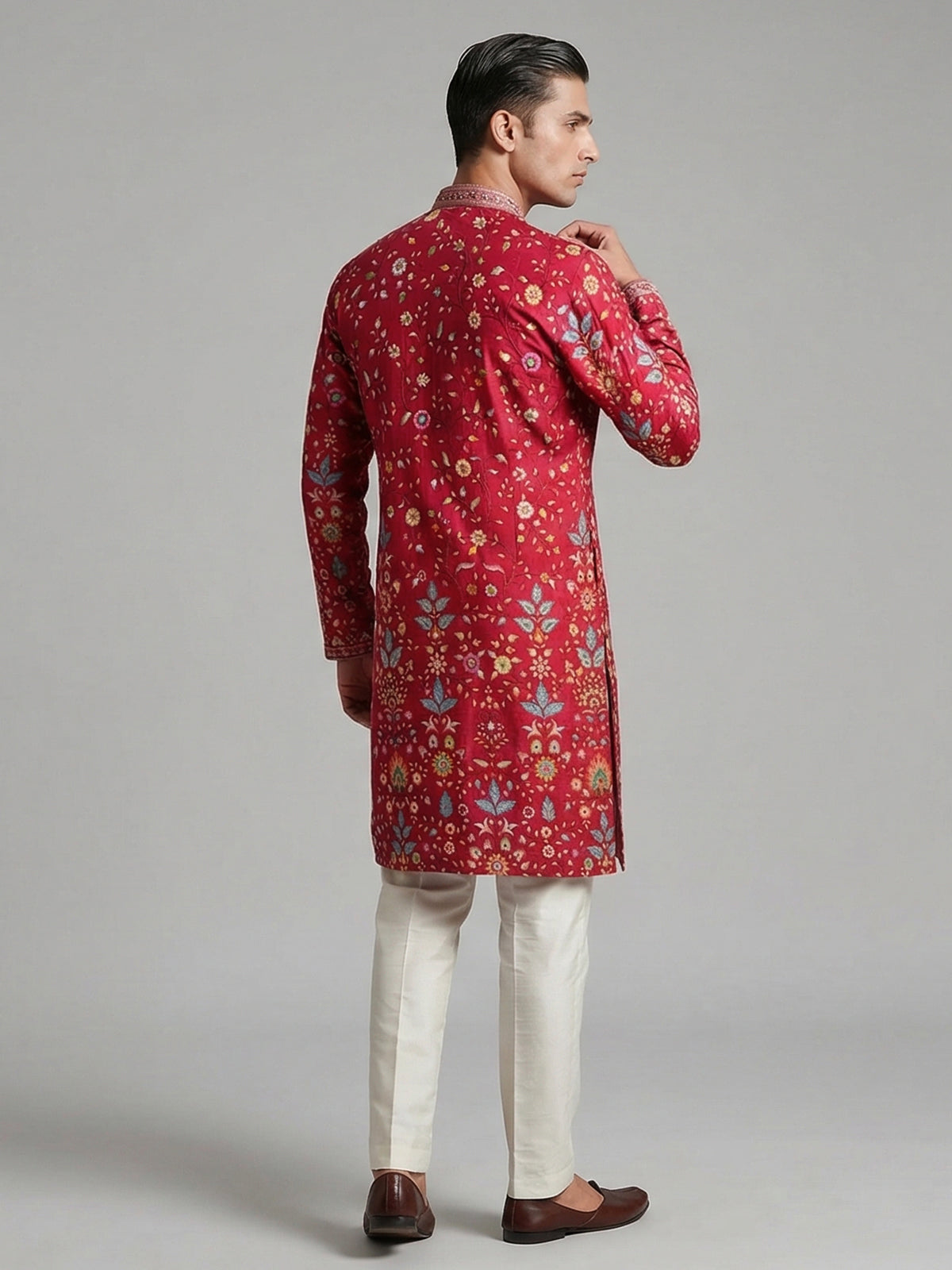 Deep rani pink silk floral embroidered festive kurta suit