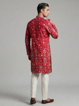 Deep rani pink silk floral embroidered festive kurta suit