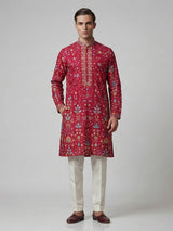 Deep rani pink silk floral embroidered festive kurta suit