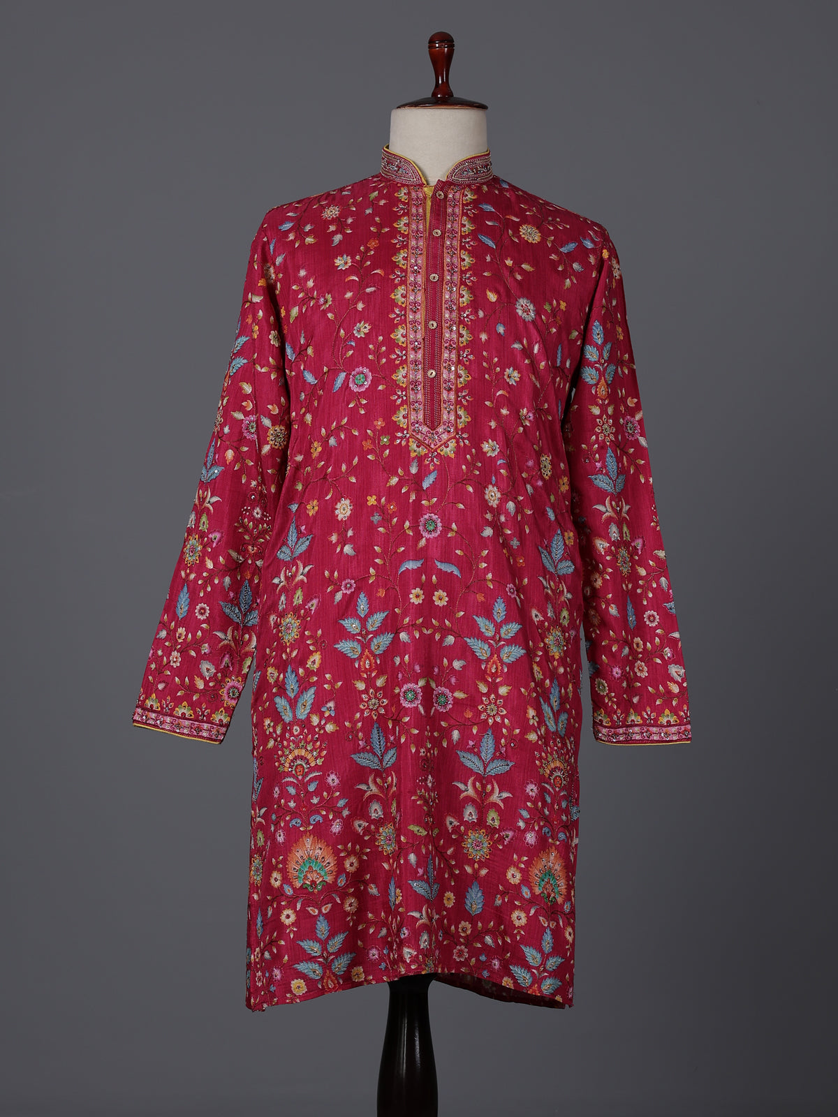 Deep rani pink silk floral embroidered festive kurta suit