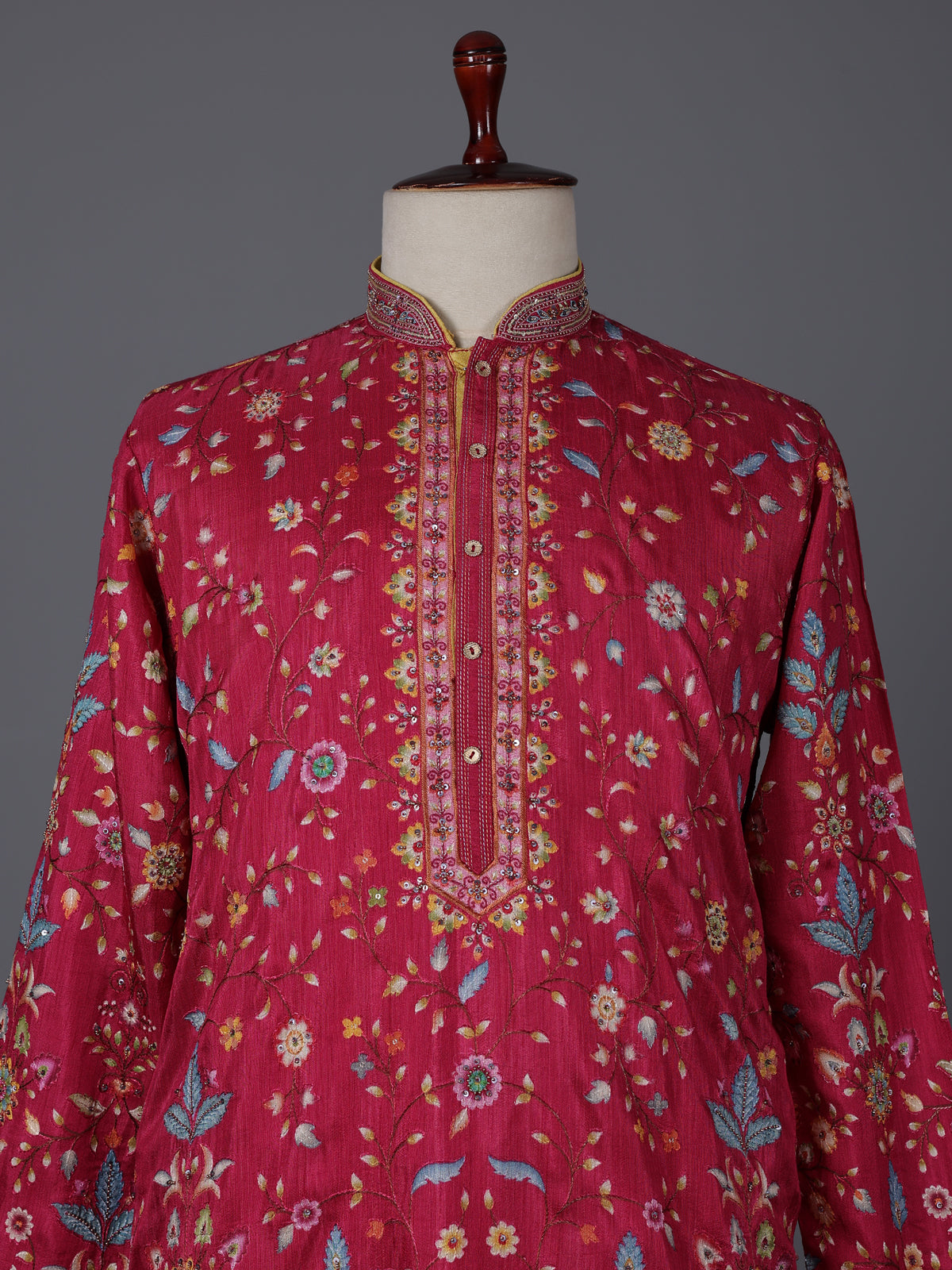 Deep rani pink silk floral embroidered festive kurta suit