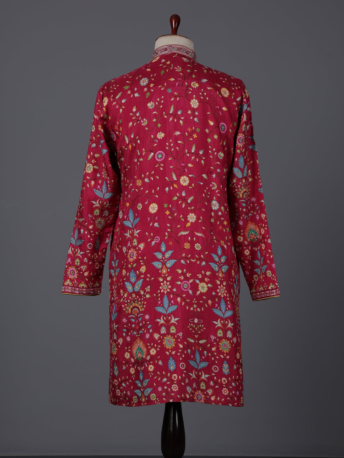 Deep rani pink silk floral embroidered festive kurta suit