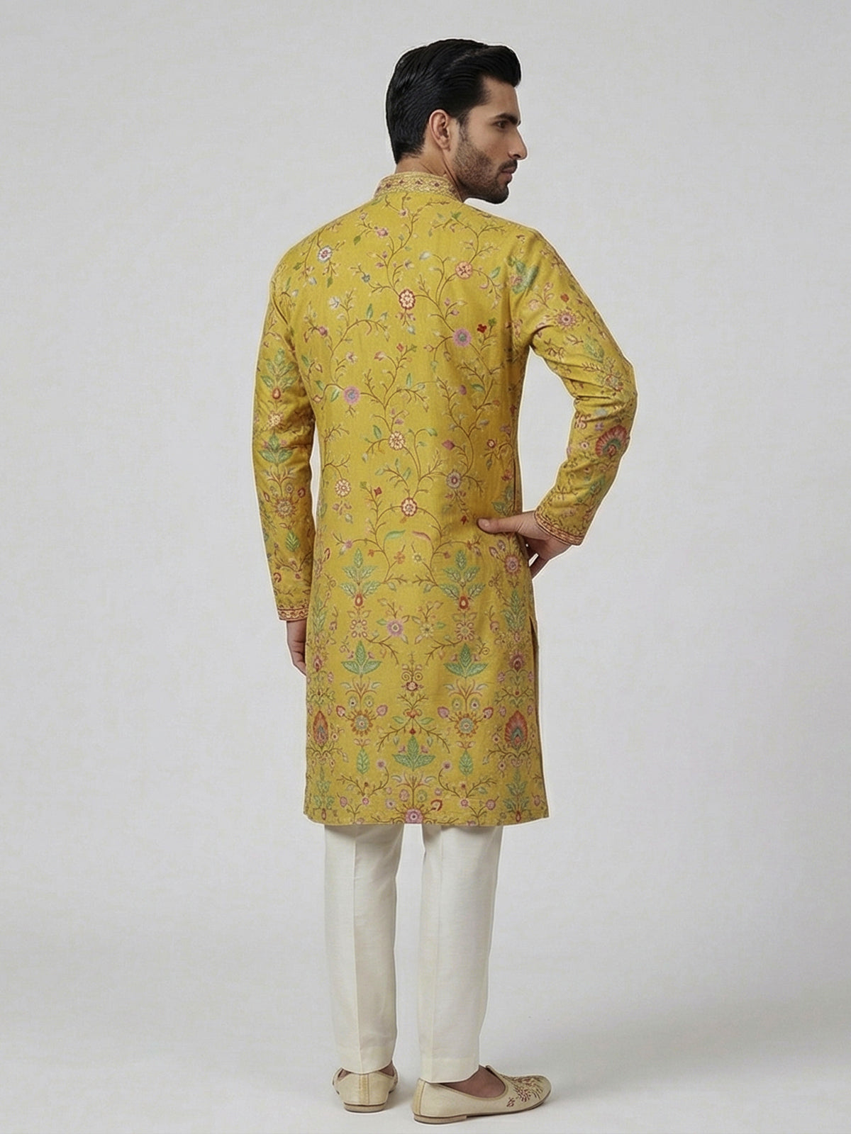 Yellow silk floral embroidered haldi special kurta suit