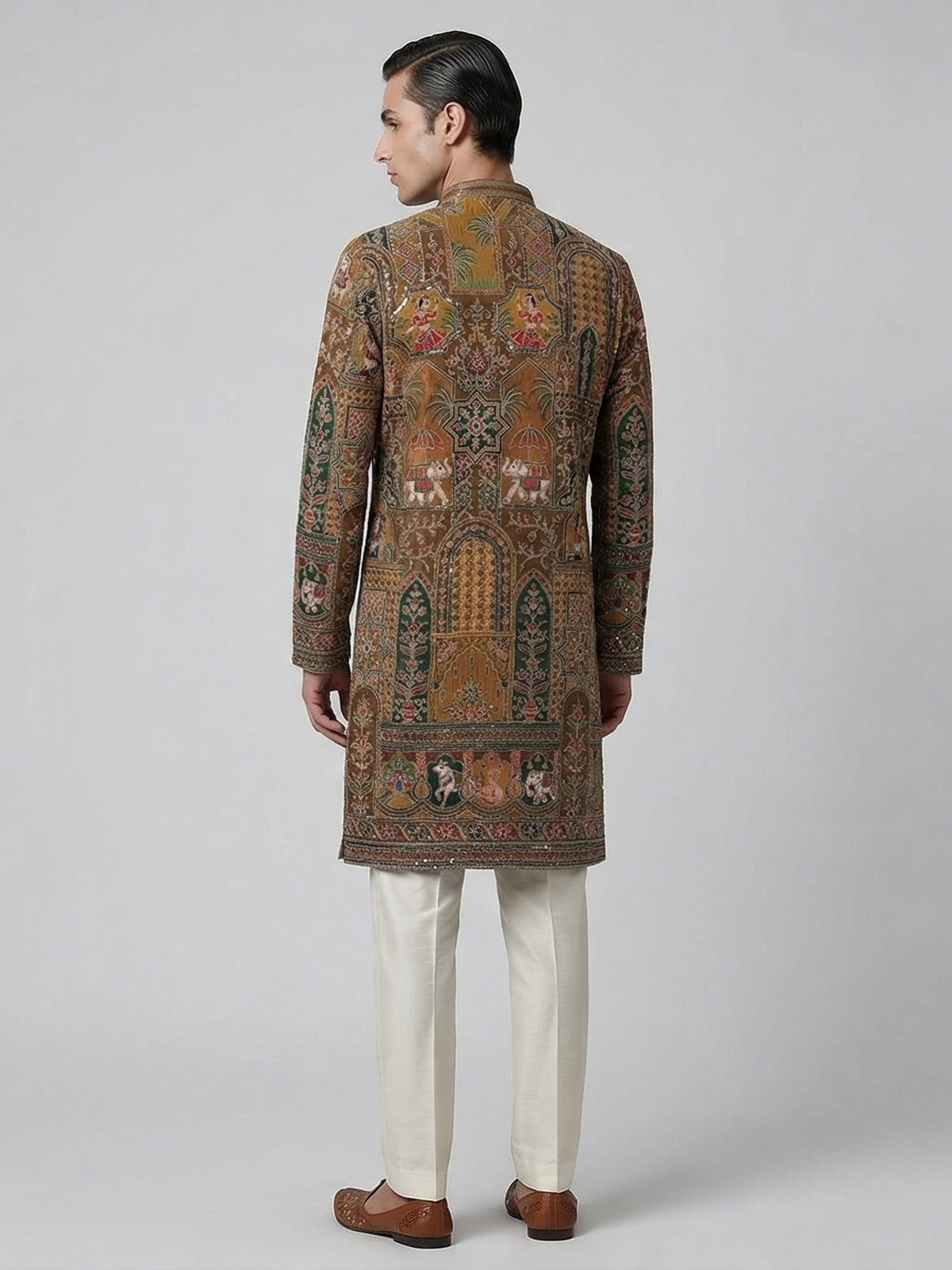 Mehendi olive silk zardosi festive kurta suit