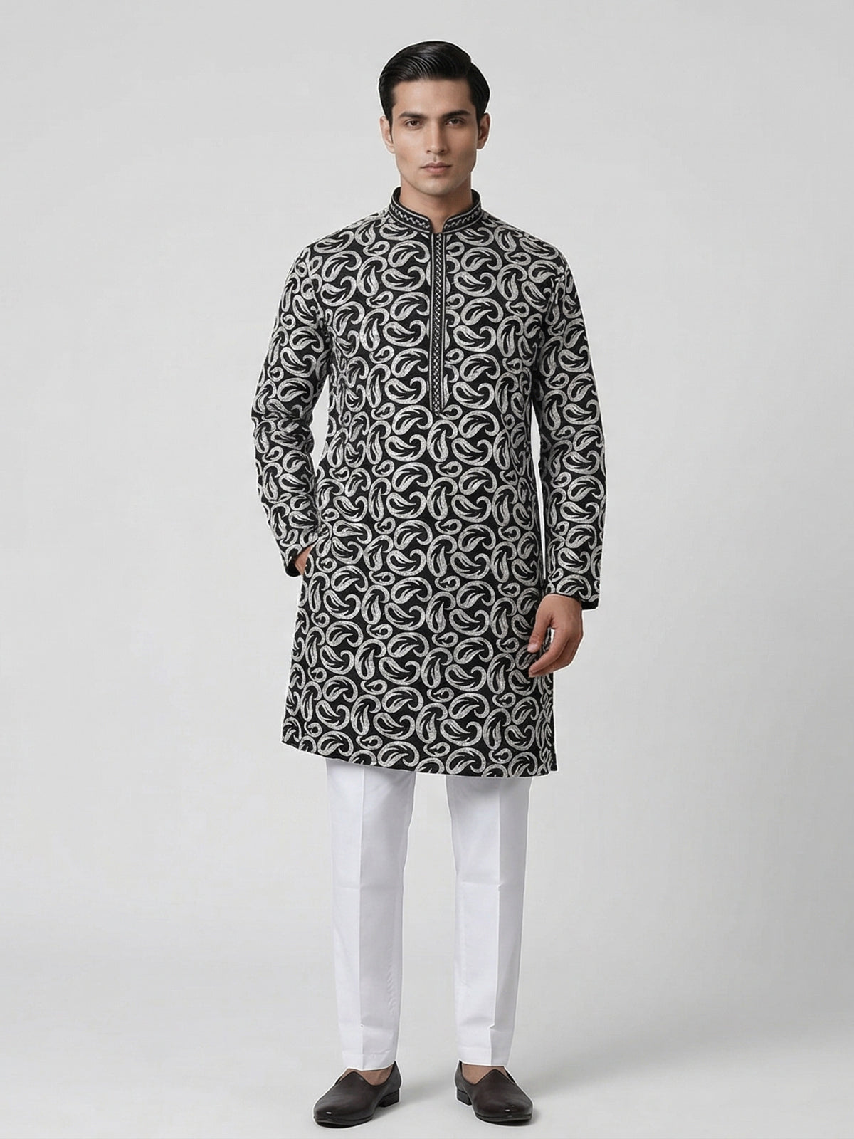 Black cotton silk embroidered work festive kurta suit